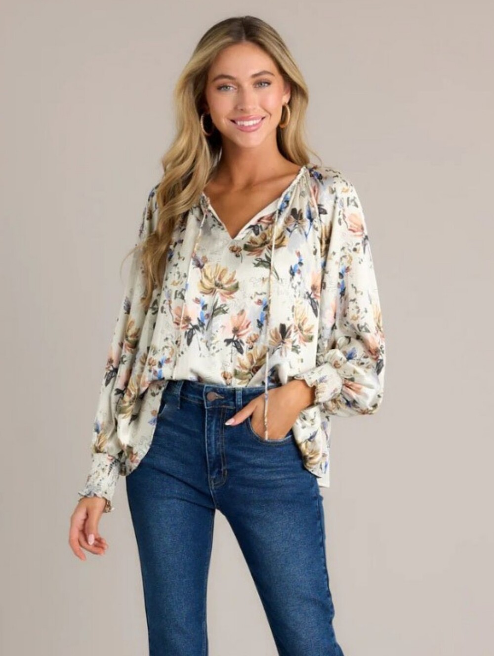 New Gardenia V-Neck Long 3/4" Tie Back Sleeve Women's Floral Tunic Top Blouse